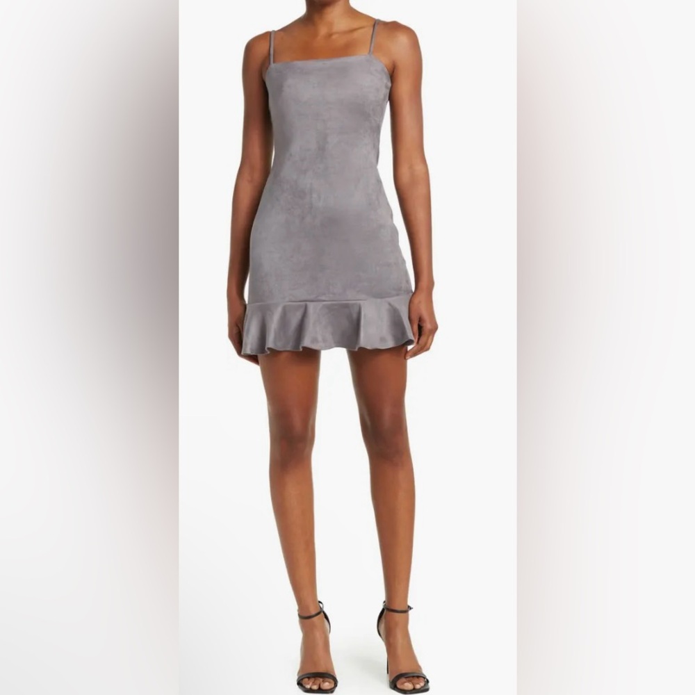 #50 SUSANA MONACO RUFFLE HEM SLEEVELESS
FAUX SUEDE DRESS IN SILVER